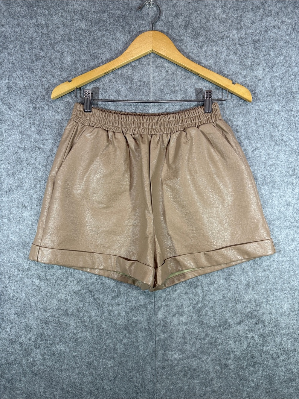 Lumiere Faux Leather Shorts - Womens M - Pockets High Waist Brown Elastic Waist